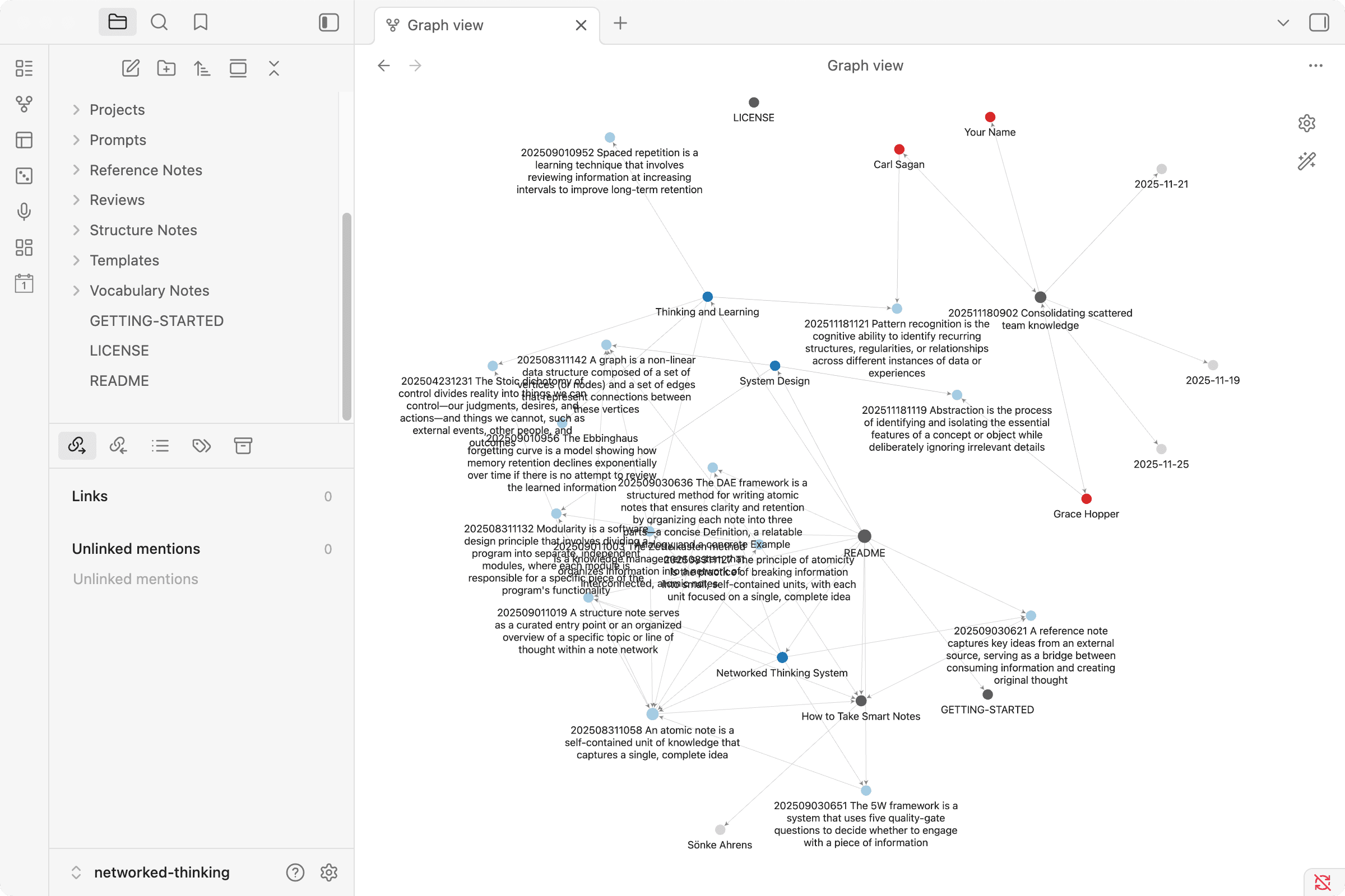 Obsidian graph view showing connected notes in the Networked Thinking companion vault